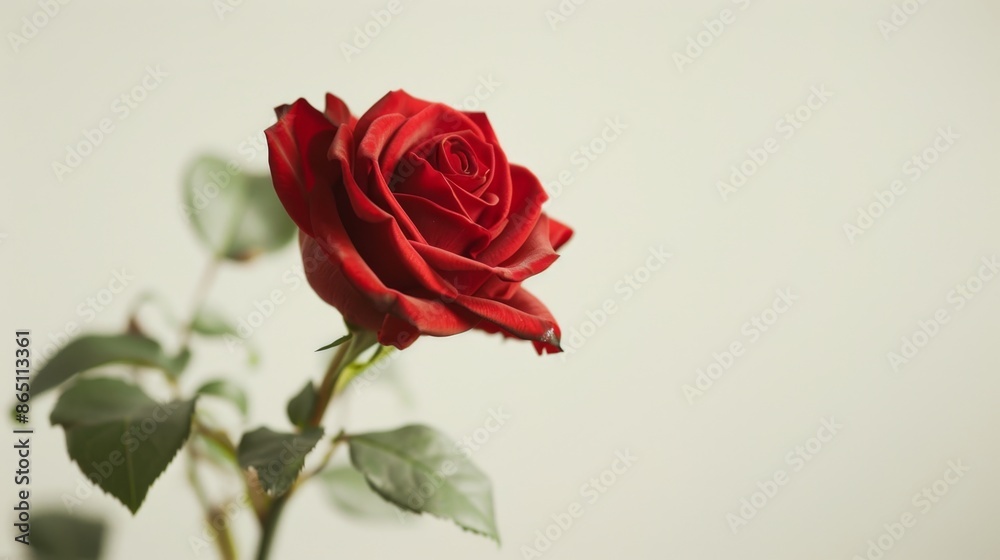 A single red rose with its petals unfurling, against a soft white background. A single red rose with its petals unfurling, against a soft white background.