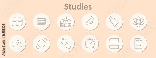 Studies icons set. Book, ID card, school, telescope, bell, atom, cloud, planet, paper clip, alarm clock, books, certificate. Line icons on beige background.