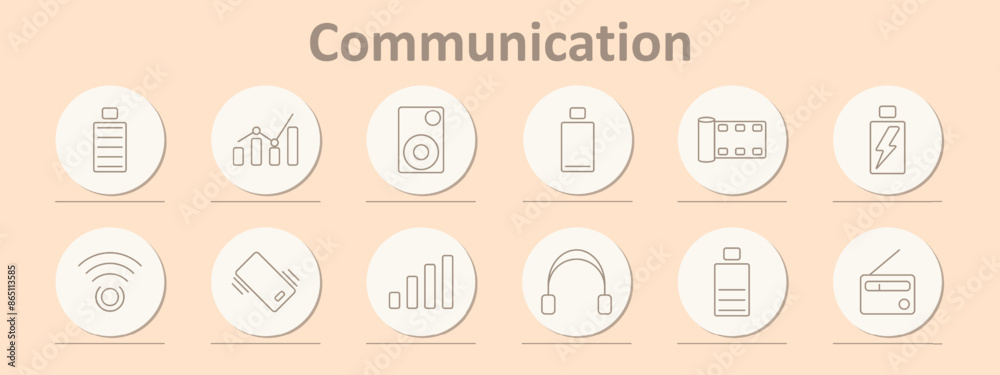 Communication set icon. Battery, chart, speaker, battery charge, film, signal, phone, WiFi, headphones, radio, mobile, reception. Communication set icon. Battery, chart, speaker, battery charge, film, signal, phone, WiFi, headphones, radio, mobile, reception.