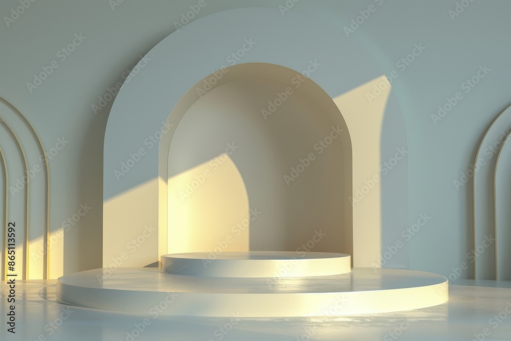 Minimalistic white podium on a white background with arches and shadows for product placement, branding, or presentation Minimalistic white podium on a white background with arches and shadows for product placement, branding, or presentation