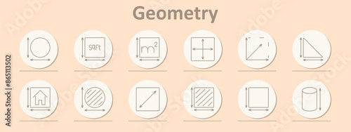 Geometry set icon. Circle, square feet, square meters, dimension, angle, triangle, house, diameter, diagonal, area, cylinder, radius.