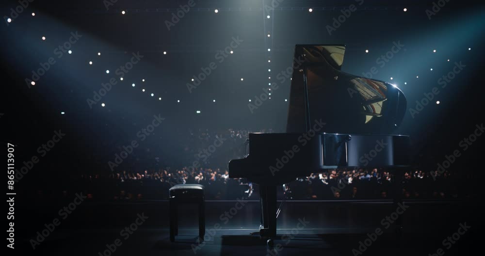 Static Establishing Footage with a Black Grand Piano Standing Under Spotlights on Concert Stage. Music Instrument Ready to Be Used by a Virtuoso Pianist in Front of Excited Audience