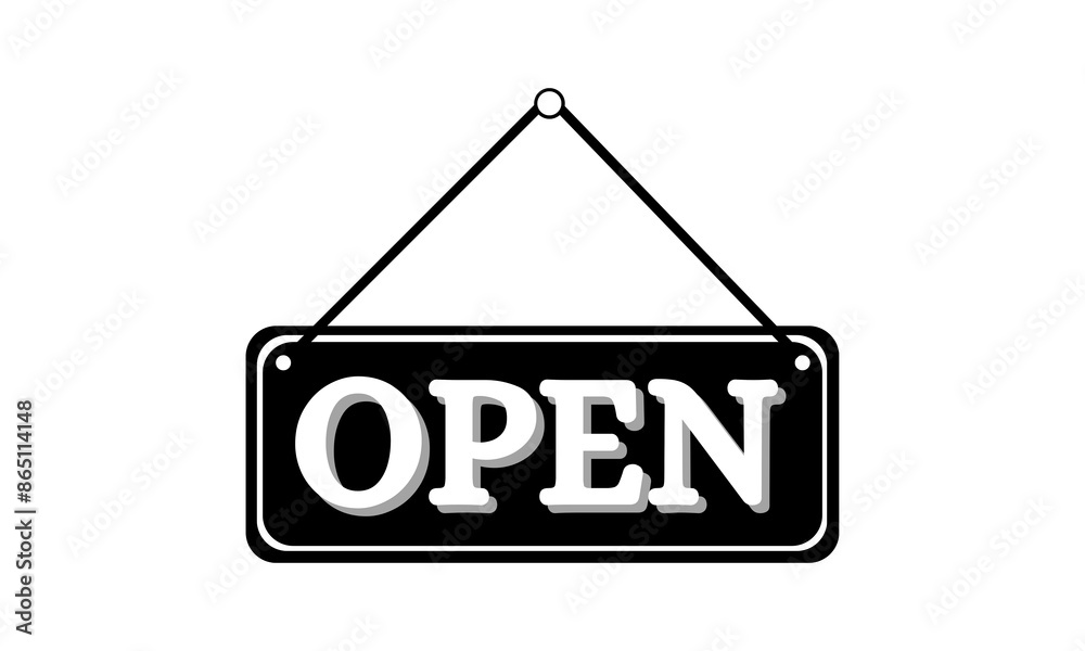 Open sign board hanging on the white wall. Can be used open Sign Door Plate. Concept business banner. Open sign icon. Vector illustration, flat design. Open sign board hanging on the white wall. Can be used open Sign Door Plate. Concept business banner. Open sign icon. Vector illustration, flat design.