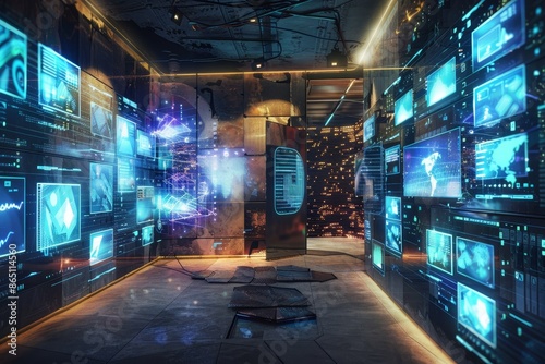 Wallpaper Mural A room with numerous television screens displaying various content, A virtual reality office space with floating digital screens Torontodigital.ca