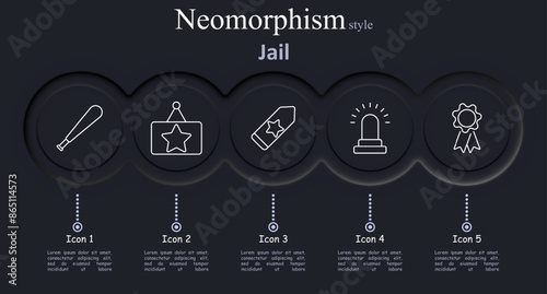 Jail set icon. Bat, sign, tag, alarm, award, prison, justice, security, punishment, inmate, law, correctional, vector, illustration, police, crime, neomorphism, icons.
