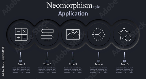 Application set icon. Calculator, signpost, photo, clock, star, app, mobile, technology, interface, software, digital, design, vector, illustration, neomorphism, icons.