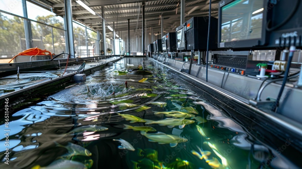 Fototapeta premium Precision Aquaculture Advanced Feed Dispensing Technology with RealTime Monitoring for Optimal Growth and Efficiency