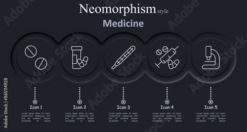 Medicine set icon. Pills, pill bottle, thermometer, syringe, microscope, healthcare, medication, temperature, injection, lab, medical research, treatment.