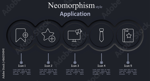 Application set icon. Bookmark, star rating, megaphone, tie, notepad, favorites, promotion, professional, marketing, business, office, notes, rating.