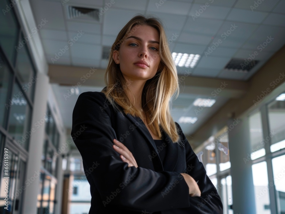 A woman stands in a long hallway wearing a black jacket, possibly waiting or observing something A woman stands in a long hallway wearing a black jacket, possibly waiting or observing something