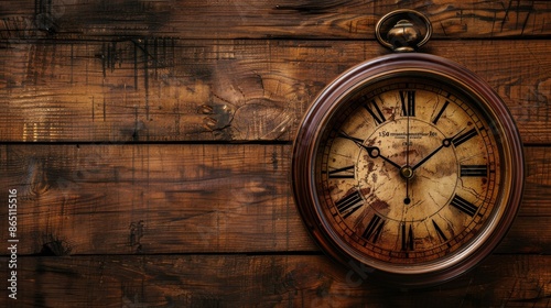 A single vintage clock with Roman numerals, against a rich mahogany background.