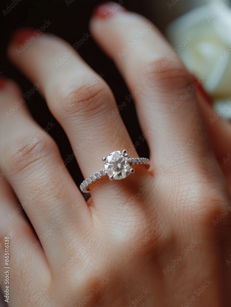 A close-up shot of a person's hand wearing a diamond ring, ideal for use in jewelry or luxury product advertising A close-up shot of a person's hand wearing a diamond ring, ideal for use in jewelry or luxury product advertising