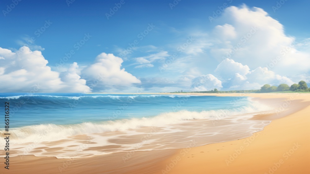 Fototapeta premium Golden sandy tropical beach with gentle waves 