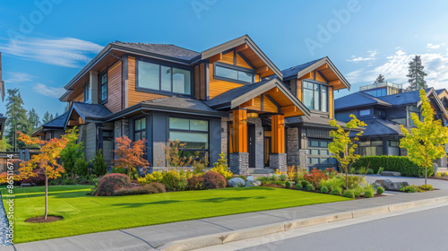 Beautiful modern two-story house with well-manicured green lawn, wooden accents, and large windows in a suburban neighborhood. © khonkangrua