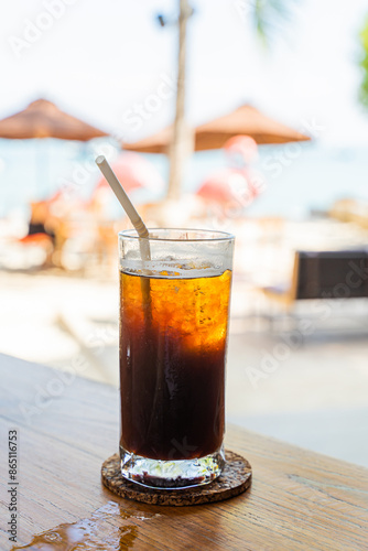 Black coffee, Americano in a cafe by the sea, Sue Flamingo, Ao Yon Beach, Phuket Thailand photo