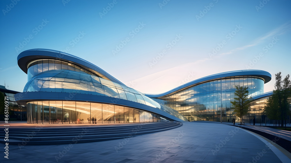 Fototapeta premium Futuristic Glass Curved Campus Building - Interconnected Educational Spaces