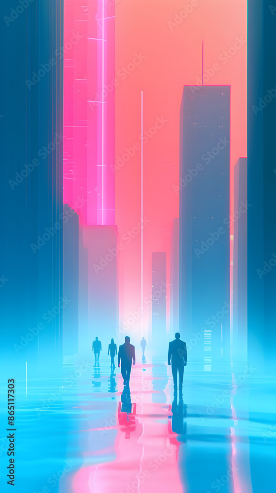 Fototapeta premium Futuristic Metropolis Illuminated by Ethereal Luminescence and Robotic Pedestrians