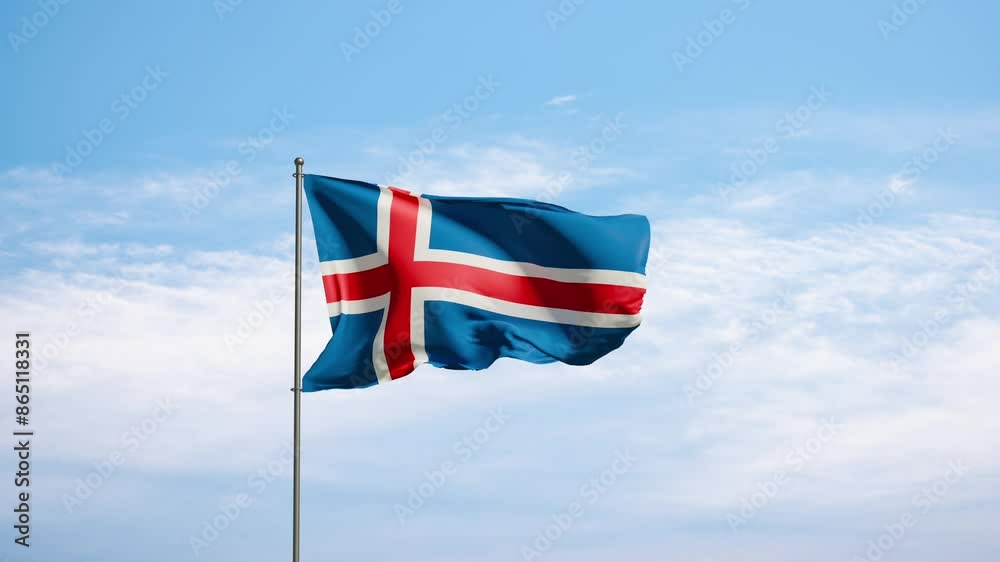 Flag Iceland against cloudy sky. Icelandic flag waving in the wind, national symbol. Country, nation, union, flag, government, Icelandic culture, politics. Flag Iceland against cloudy sky. Icelandic flag waving in the wind, national symbol. Country, nation, union, flag, government, Icelandic culture, politics.