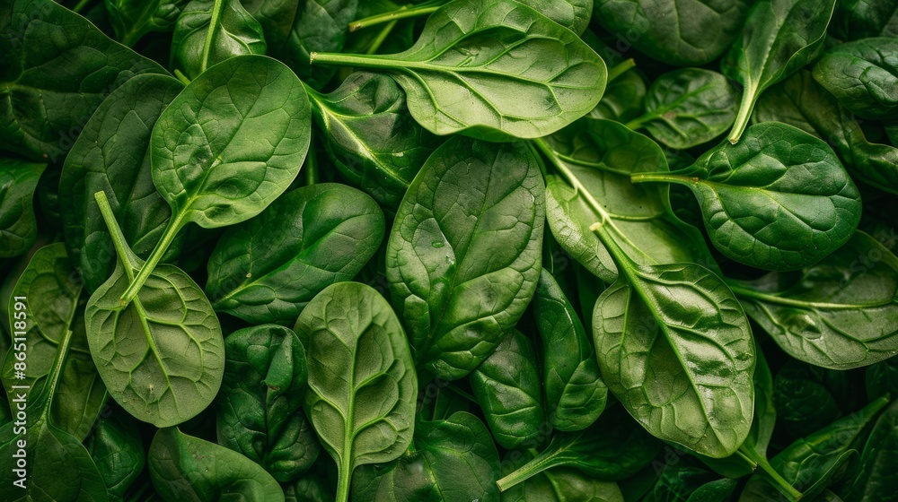 Fototapeta premium A close-up image of fresh spinach leaves. The vibrant green color highlights their freshness and nutritional value, perfect for healthy meals.