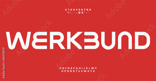 Contemporary bold alphabet, geometric minimalist bauhaus sans-serif letters, numbers and symbols, streamlined font for signage, logo, monogram, headline, werkbund typographic design. Vector typeset