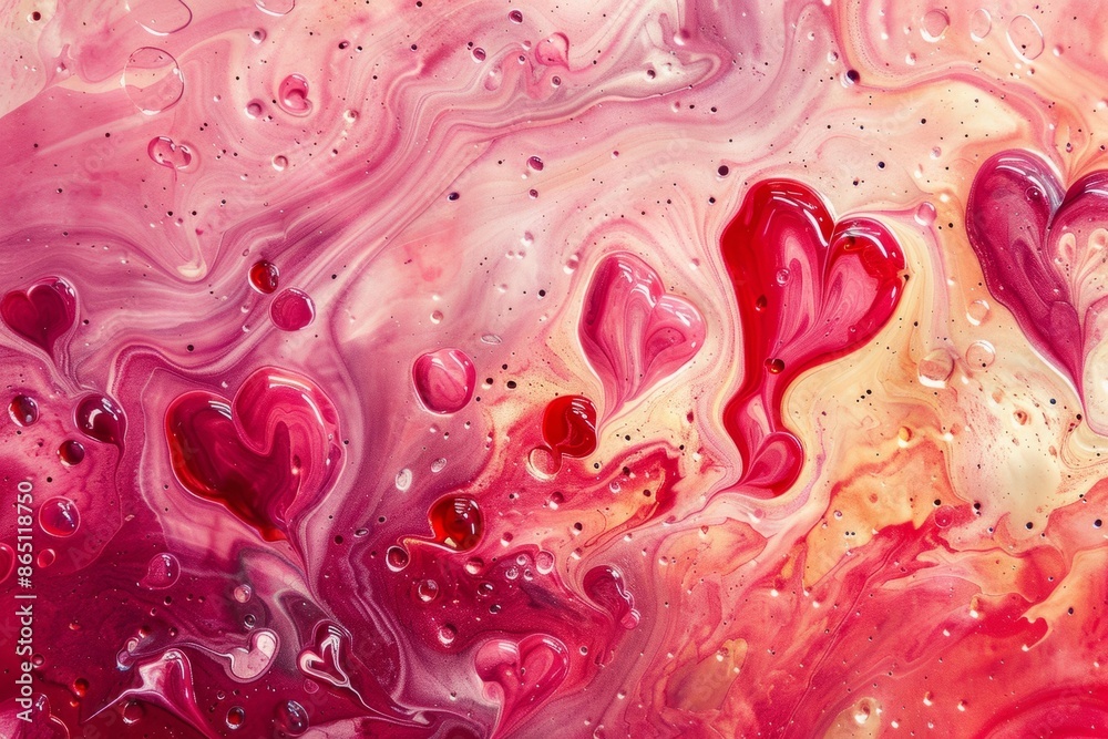 Abstract fluid art with pink and red heart shapes, vibrant colors and swirls. Perfect for romantic and Valentine's Day themes. Abstract fluid art with pink and red heart shapes, vibrant colors and swirls. Perfect for romantic and Valentine's Day themes.