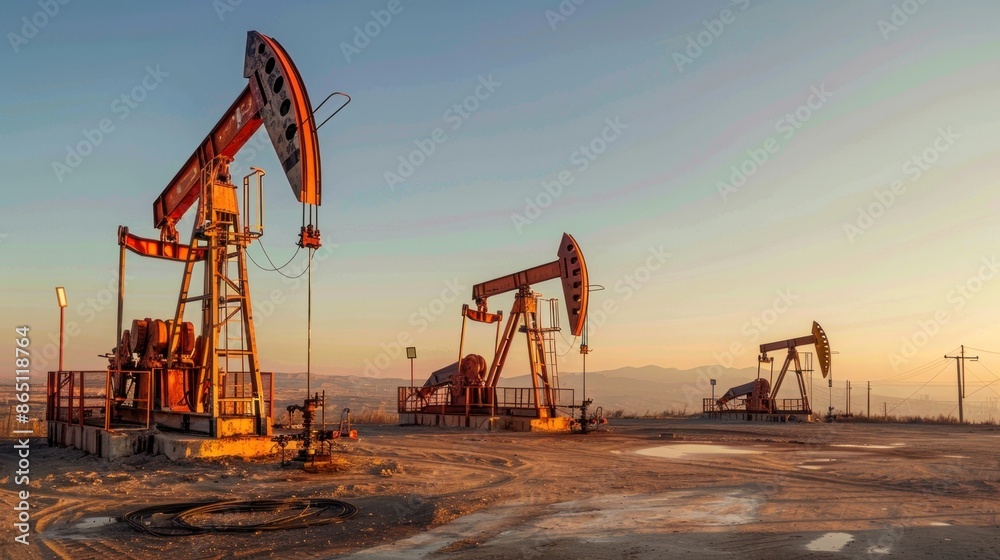 Oil drilling rigs or oil fields, oil pipelines and beautiful skies every day of the oil pumping unit. Oil rig, desert, sea bay Oil drilling rigs or oil fields, oil pipelines and beautiful skies every day of the oil pumping unit. Oil rig, desert, sea bay