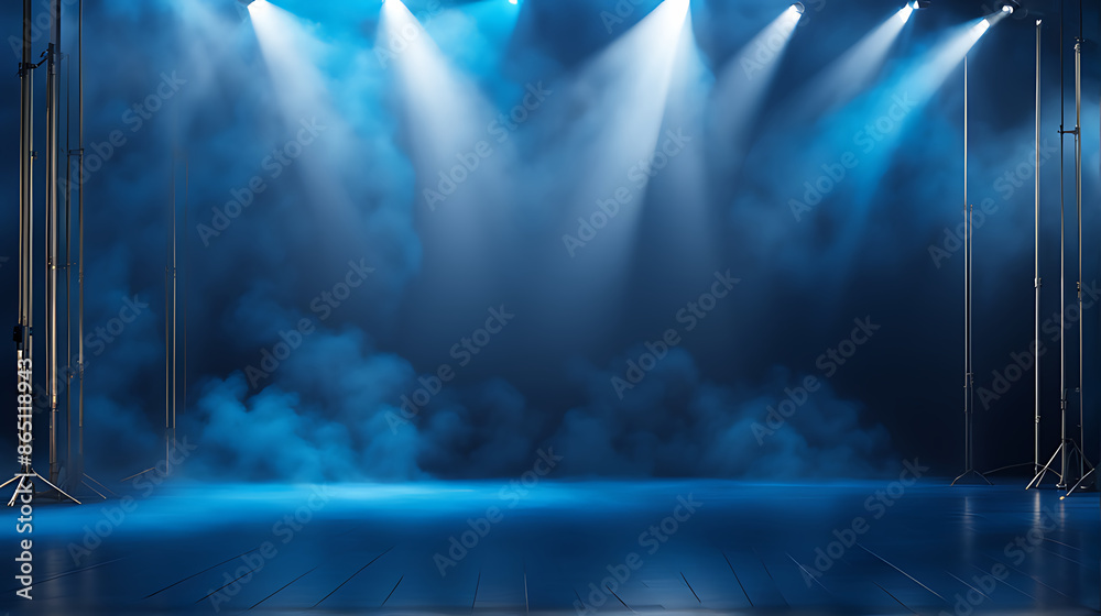 Fototapeta premium The dark scene has a smoky dark blue background. Empty dark room with spotlights for displaying product design 