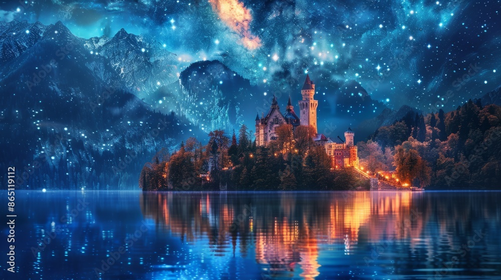 Enchanting castle under a starry night sky, reflected in a serene lake, surrounded by majestic mountains and magical scenery. Enchanting castle under a starry night sky, reflected in a serene lake, surrounded by majestic mountains and magical scenery.