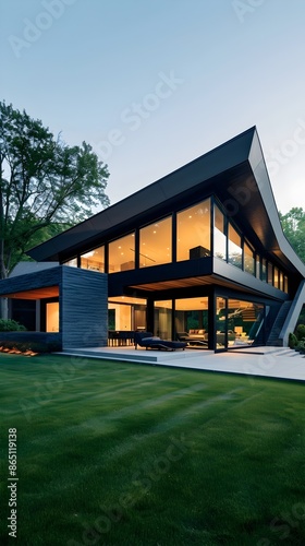 Minimalist Monochromatic Suburban Residence with Angular Sleek Design and Expansive Glass Facade