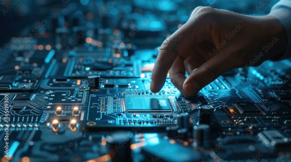 Obraz premium High-tech engineer designing an electronic circuit board, future technology Industry 4.0