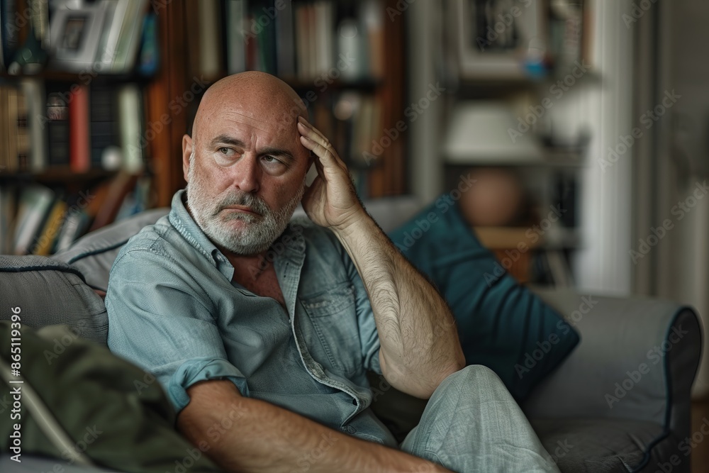Pensive older man with a thoughtful expression sitting on a couch in a cozy room. Shelves with books in the background. Perfect for lifestyle and introspective themes. Generative AI Pensive older man with a thoughtful expression sitting on a couch in a cozy room. Shelves with books in the background. Perfect for lifestyle and introspective themes. Generative AI
