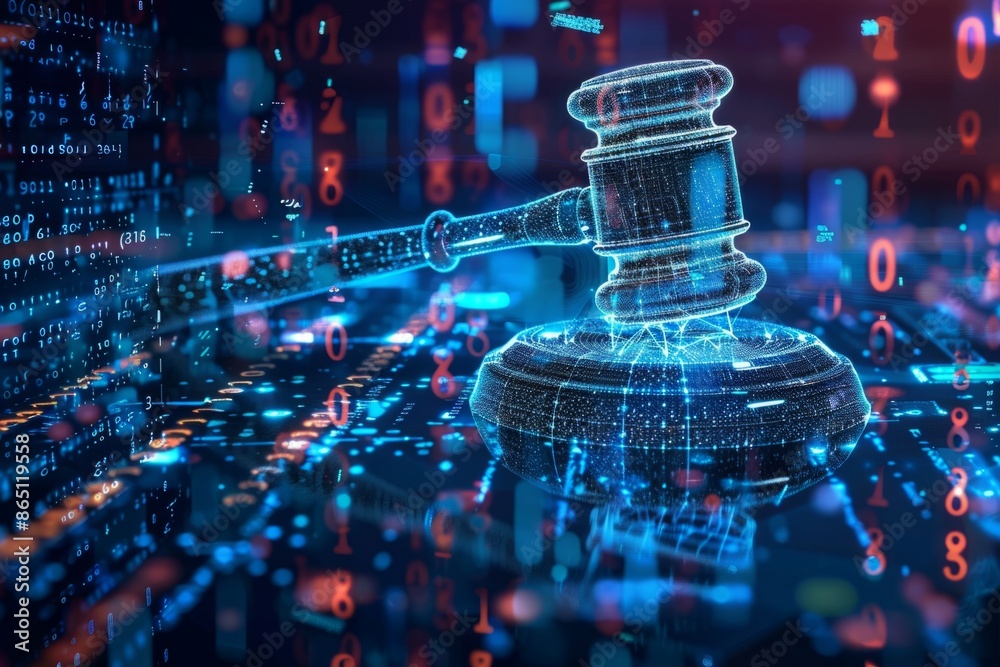 Futuristic digital illustration of a gavel symbolizing online justice, cybersecurity, and digital law enforcement. High-tech background. Futuristic digital illustration of a gavel symbolizing online justice, cybersecurity, and digital law enforcement. High-tech background.