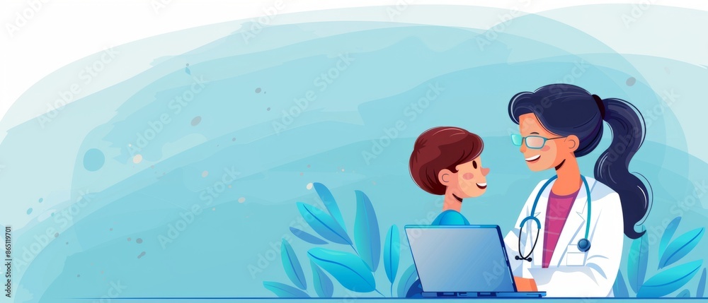 Illustration of a doctor consulting with a young patient, discussing health checkup results together in a friendly and professional manner. Illustration of a doctor consulting with a young patient, discussing health checkup results together in a friendly and professional manner.