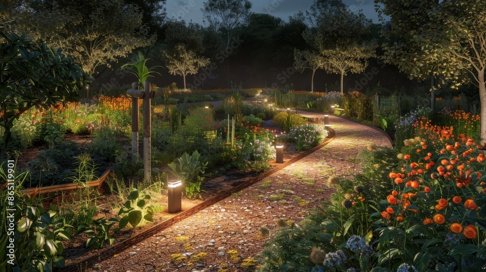 Obraz premium Glowing Path of Sustainable Energy Illuminating Community Gardens with Kinetic Power