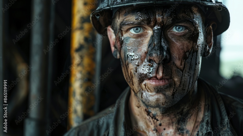 Portrait of a determined coal miner with a dirty face and helmet, showcasing hard work and dedication in a challenging environment. Portrait of a determined coal miner with a dirty face and helmet, showcasing hard work and dedication in a challenging environment.