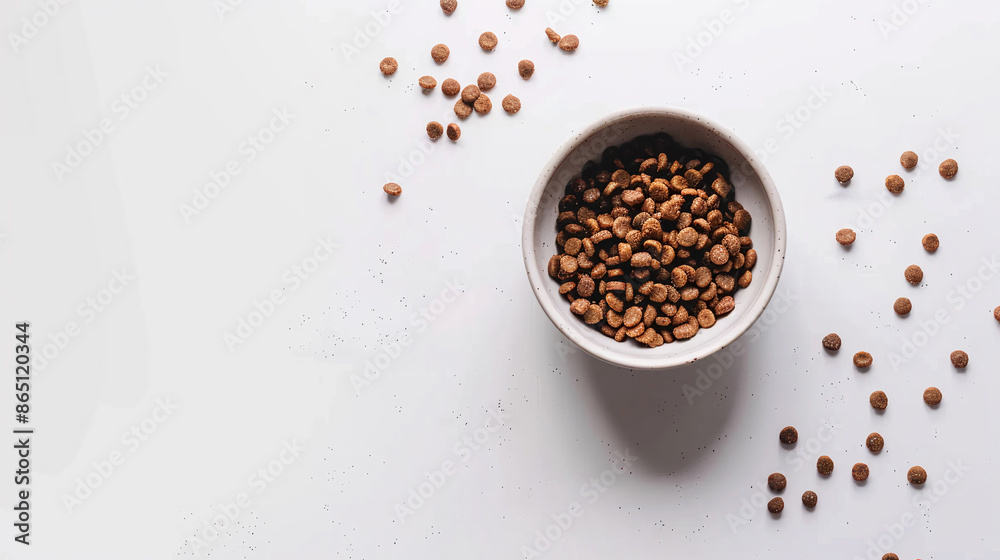 Plate of dry animal food on white background. Advertising banner. Copy space. View from above. Plate of dry animal food on white background. Advertising banner. Copy space. View from above.
