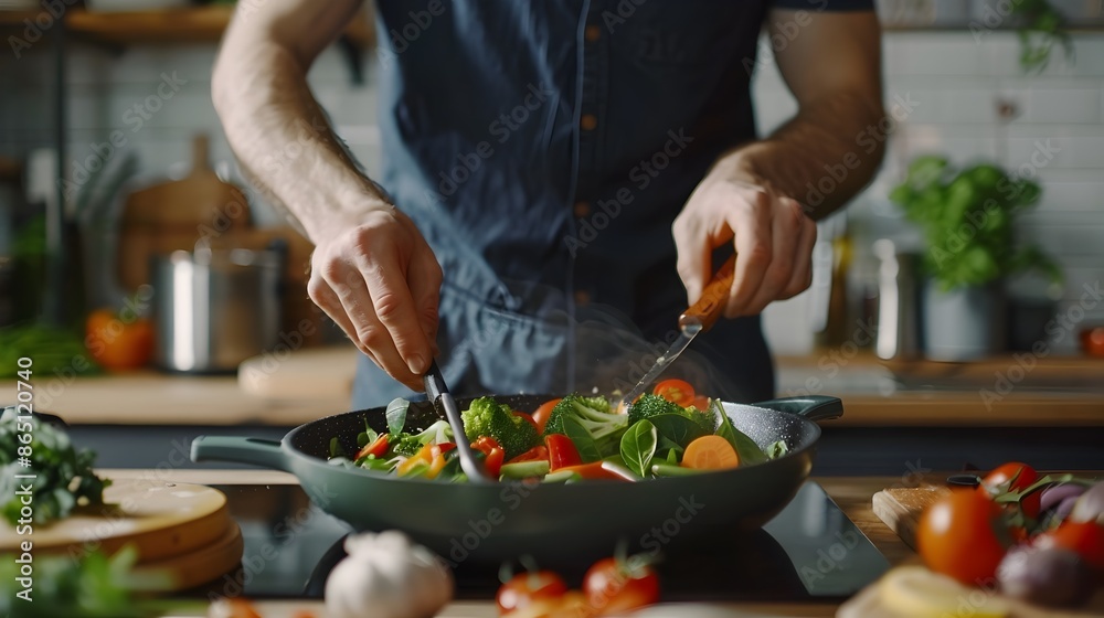 Man Preparing Nutritious Meal in Modern Kitchen Man Preparing Nutritious Meal in Modern Kitchen