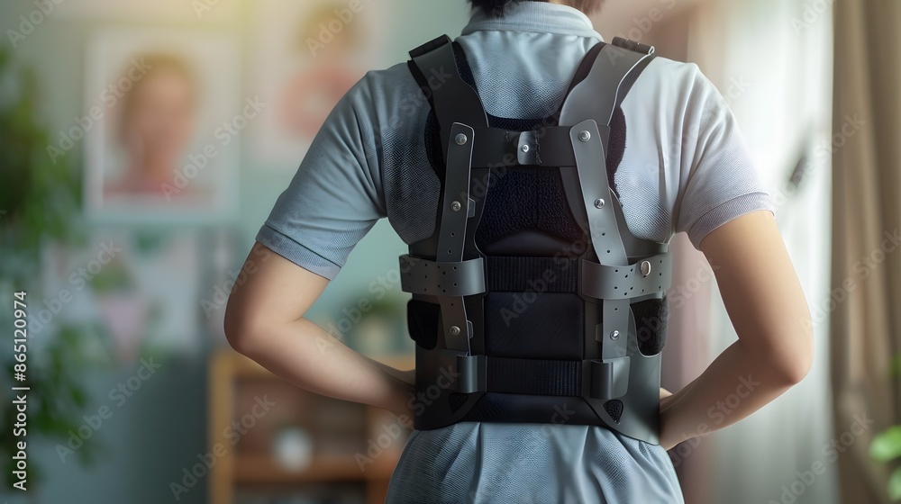 Man Wearing Orthopedic Back Brace for Support and Rehabilitation Man Wearing Orthopedic Back Brace for Support and Rehabilitation