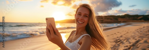 A young woman enjoying a summer lifestyle, using her smartphone for selfies and staying connected outdoors.