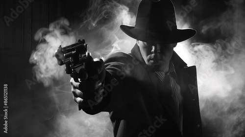 Old fashioned retro style gangster movie noir picture in dramatic scene moment