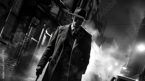 Old fashioned retro style gangster movie noir picture in dramatic scene moment