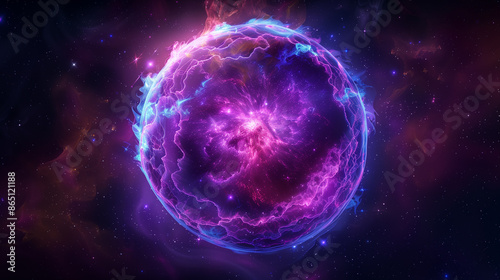 Spectacular cosmic cloud explosion. Colorful nebula and stars in space concept with purple neon lights