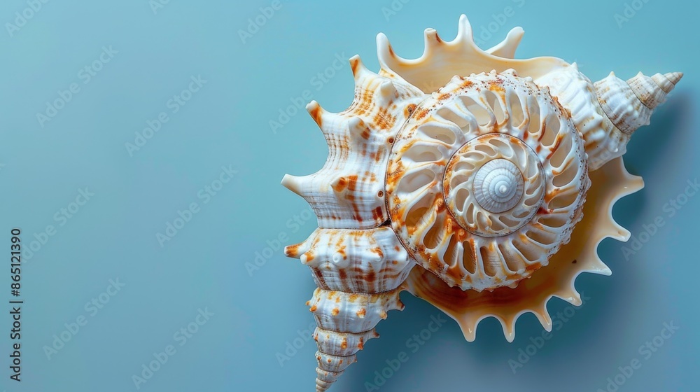 Obraz premium A seashell with intricate patterns, against a pale blue background.