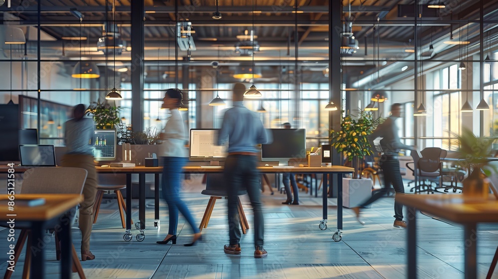 Dynamic Workplace Motion Blur of HealthConscious Employees at Standing Desks Dynamic Workplace Motion Blur of HealthConscious Employees at Standing Desks