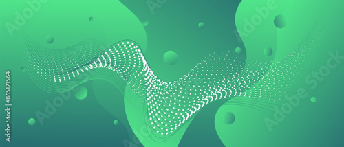 Abstract horizontal rectangular background with green gradient bubbles, spots, dots wave lines. Minimalistic background in bright green colors with circles. Trendy volumetric 3d background design.