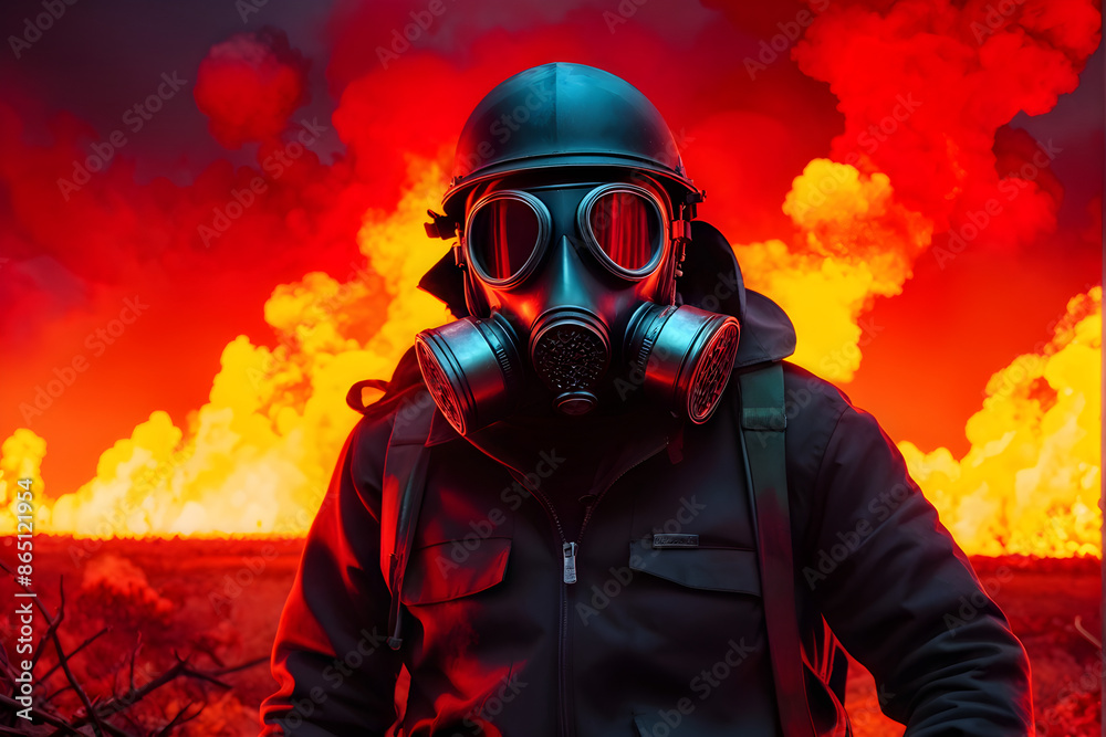 man wearing a gas mask and goggles in fire man wearing a gas mask and goggles in fire