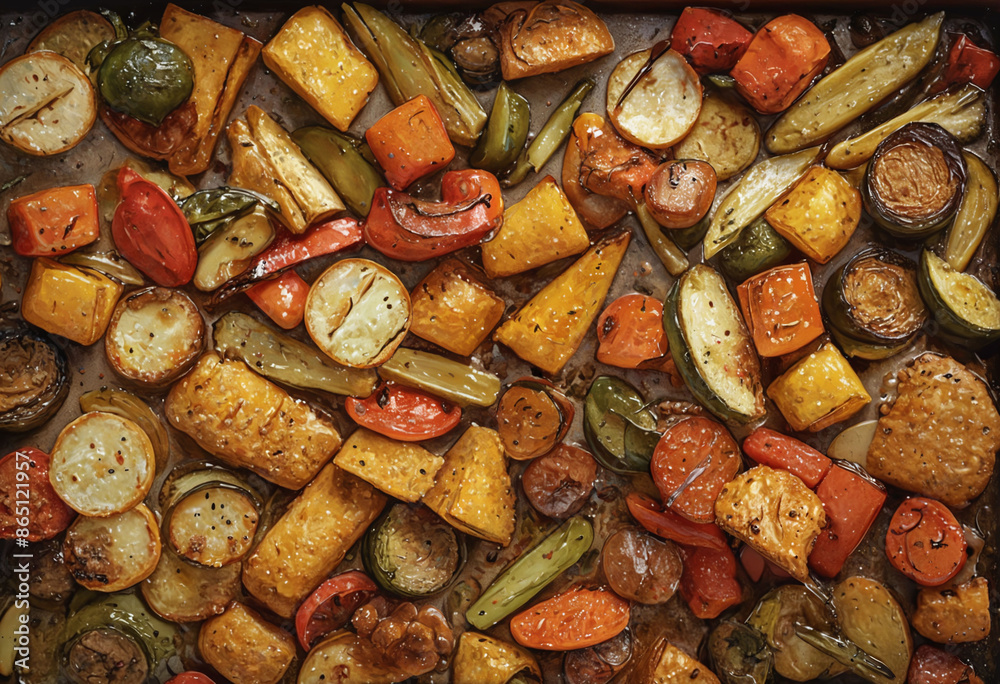A close-up of a serving of fast food roasted veggies, showcasing the crispy texture and seasoning A close-up of a serving of fast food roasted veggies, showcasing the crispy texture and seasoning