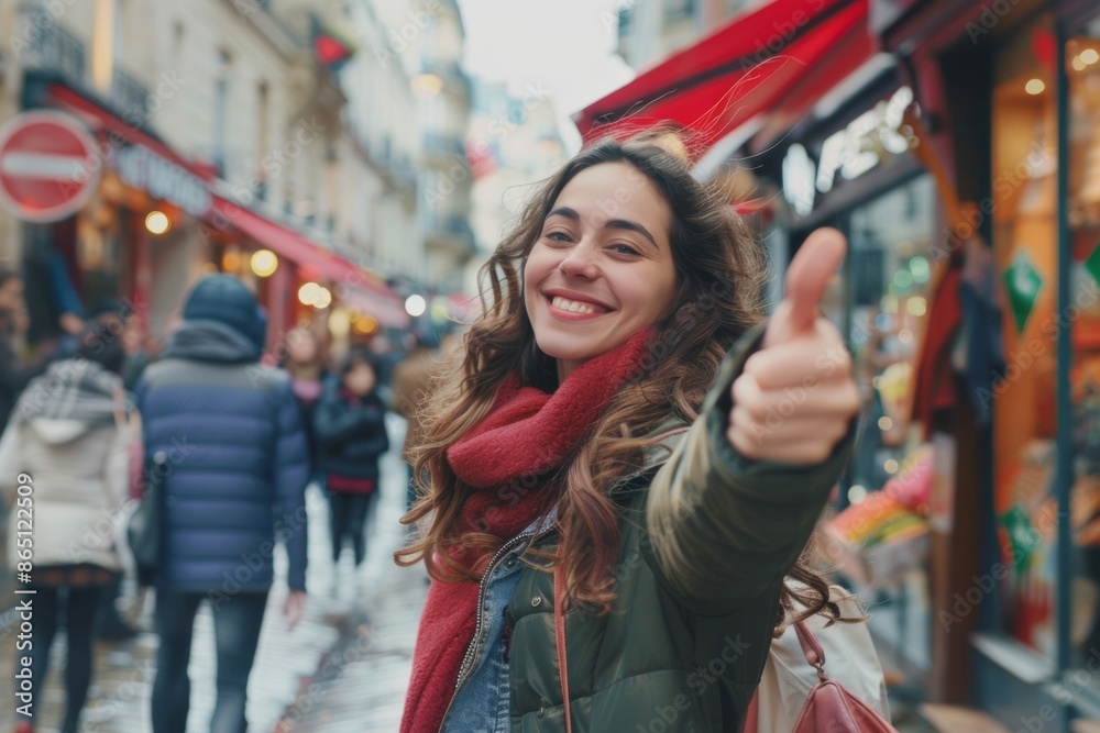 A beautiful young woman expressing approval with a thumbs-up gesture, enjoying a romantic moment outdoors