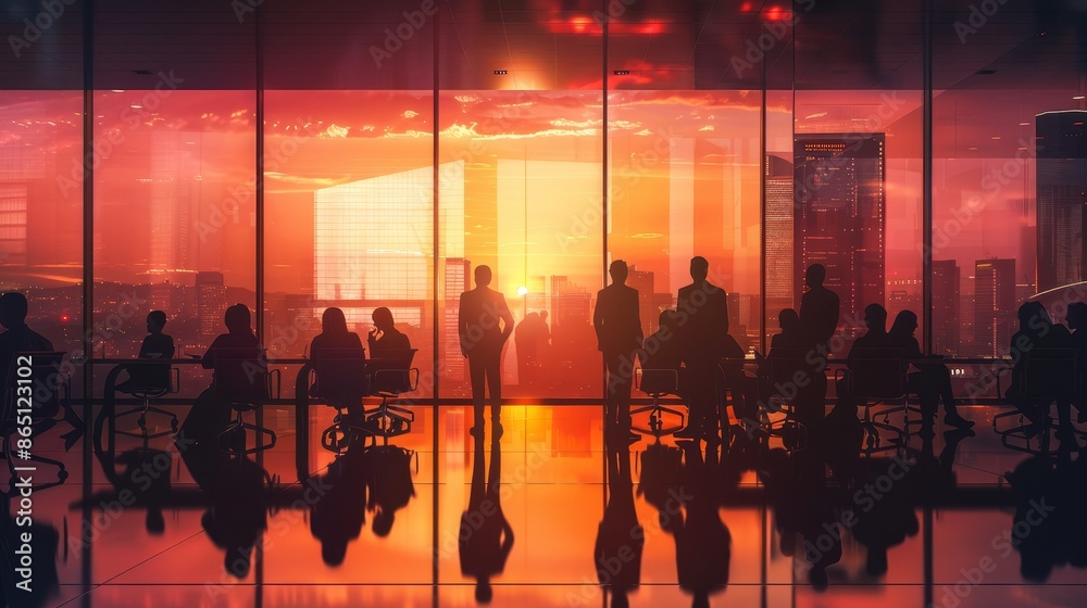 Fototapeta premium Cityscape Strategy Silhouetted Team Brainstorming in Sunset Meeting Room