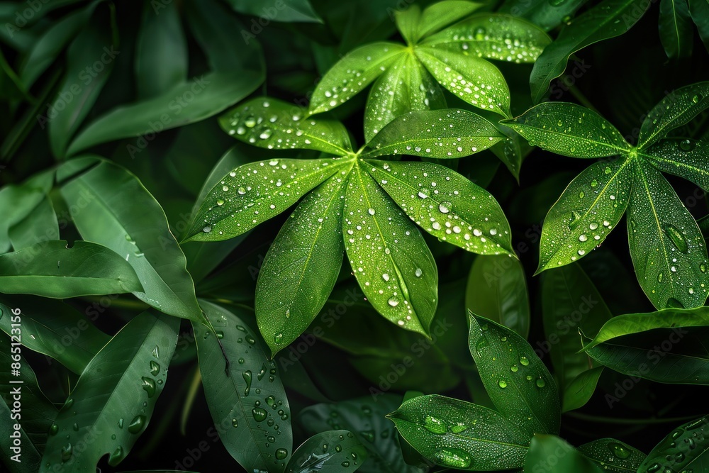 Fototapeta premium Leaves of tropical plants with raindrops, a natural background of green leaves.